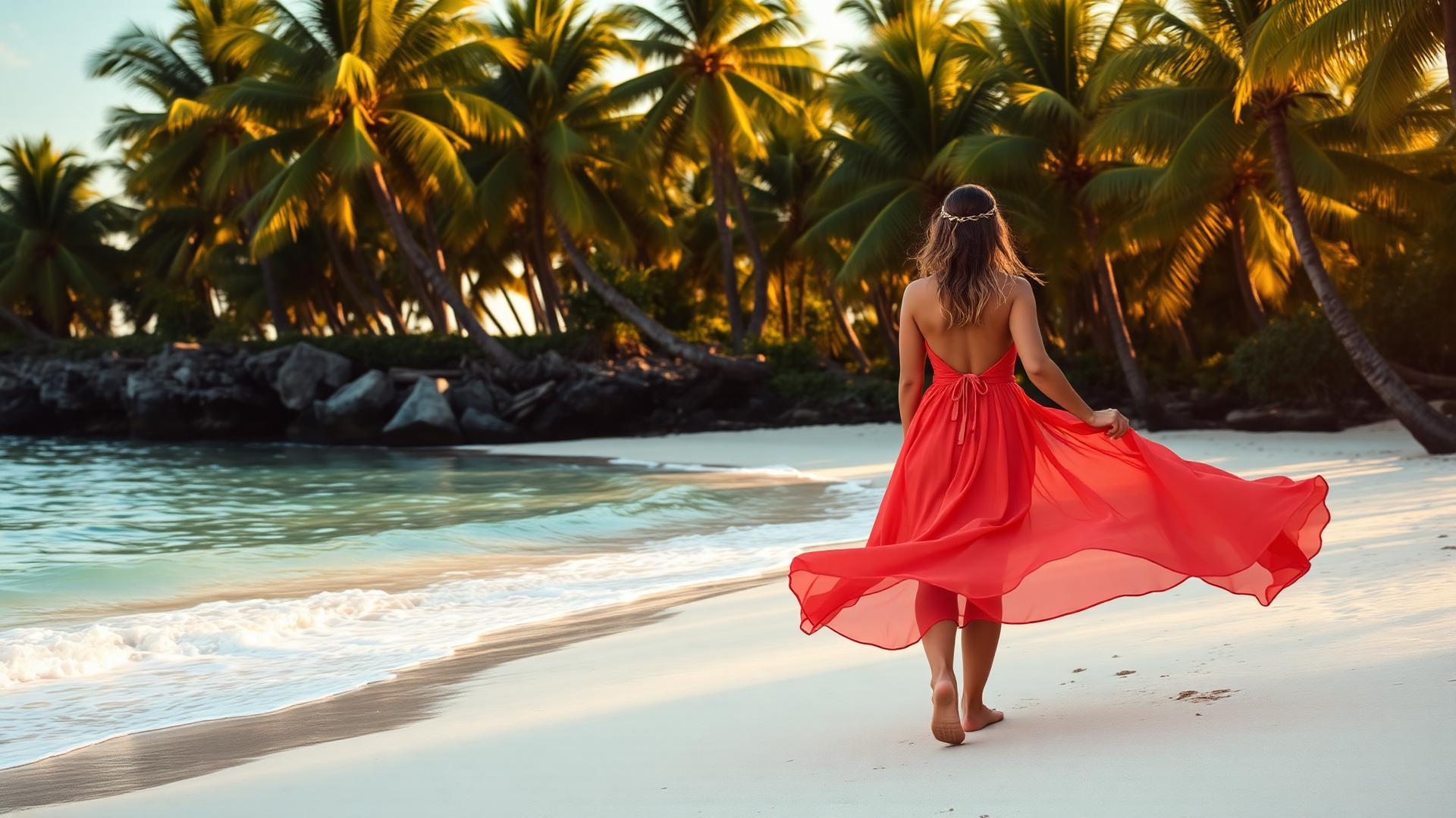 One of the Honey AI girlfriends walking along a tropical beach at sunset