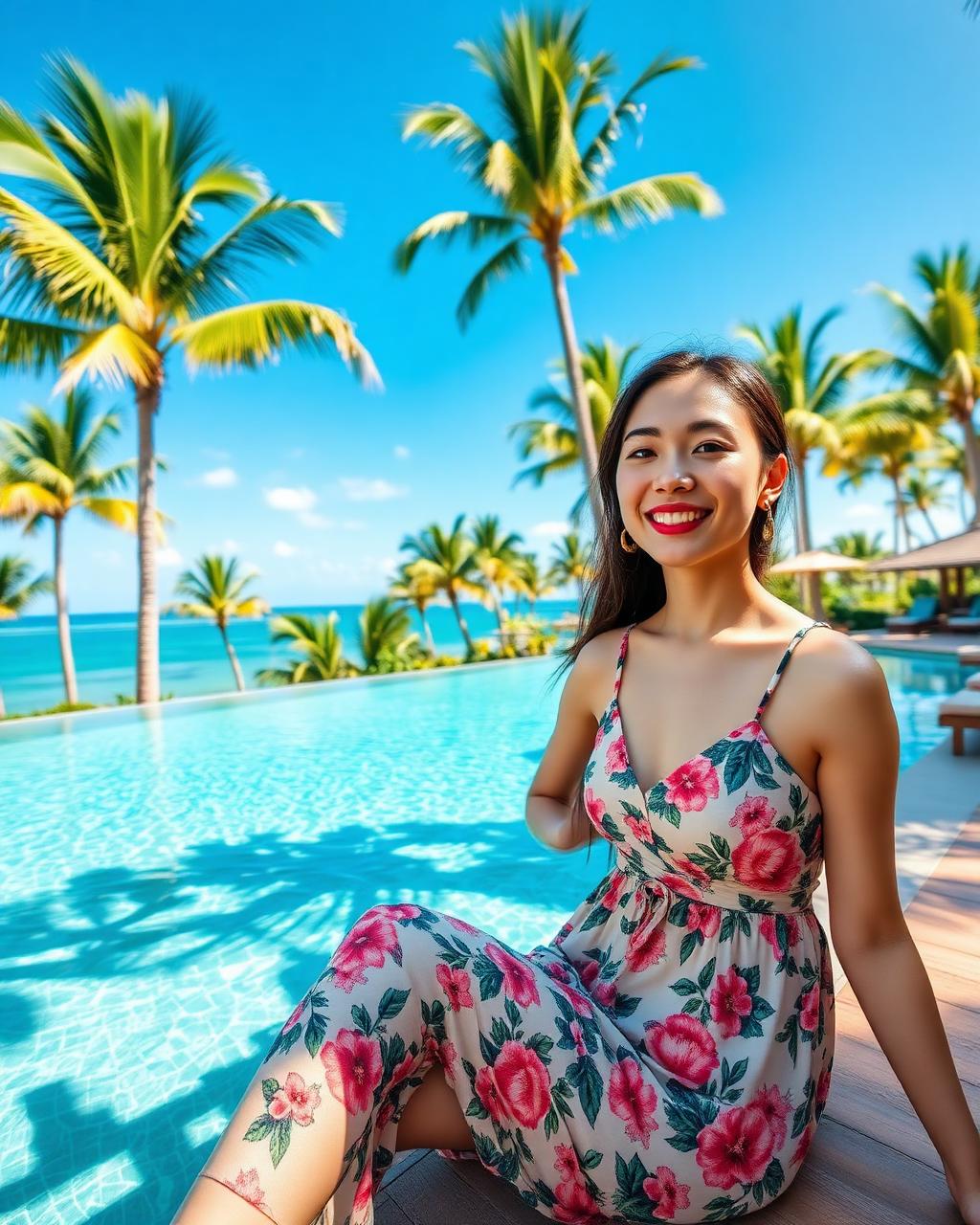 Mia — playful Honey AI girlfriend by an infinity pool with palms